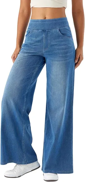 Women Sweatpant Jeans Sweatpants That Look Like Jeans High Waisted Stretchy Pull On Wide Leg Denim Pants with Pockets