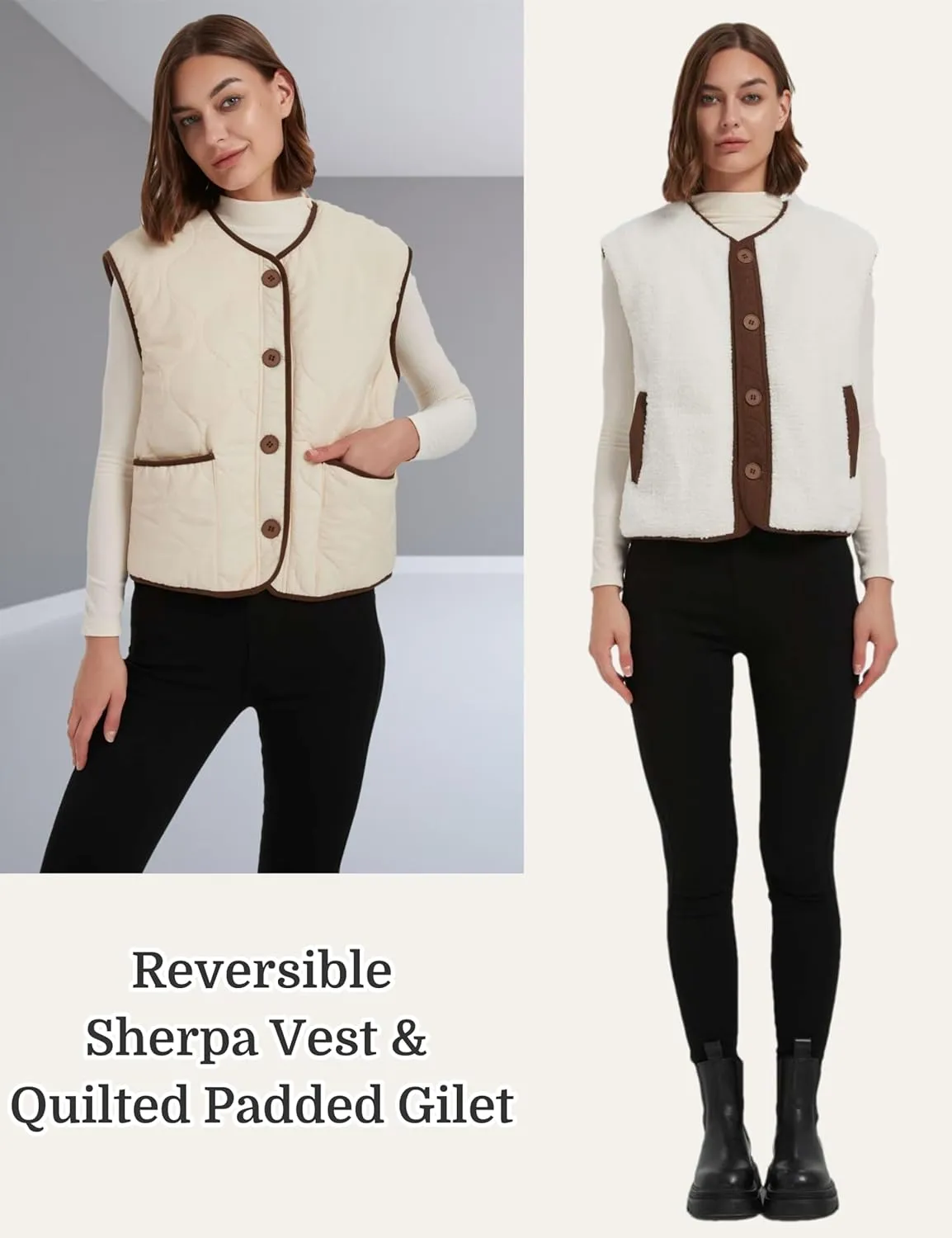 Womens Fall Reversible Vests Casual Button Down Sleeveless Sherpa Vest Fleece Padded Gilet Outerwear Jacket Coat