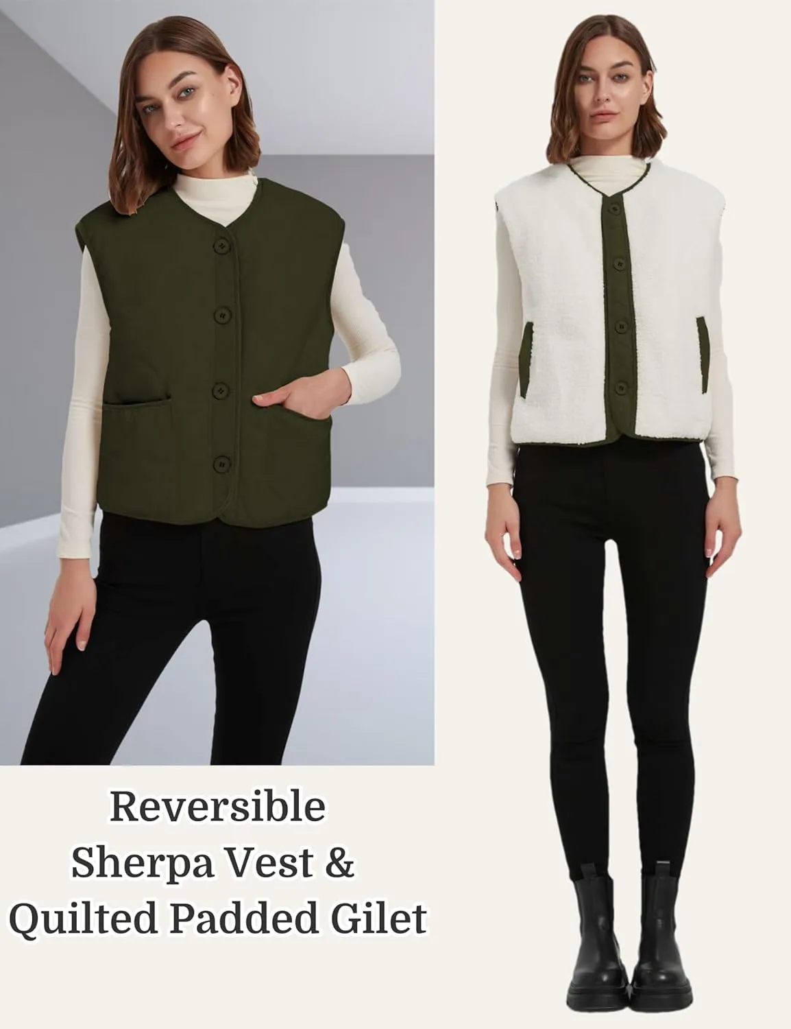 Womens Fall Reversible Vests Casual Button Down Sleeveless Sherpa Vest Fleece Padded Gilet Outerwear Jacket Coat