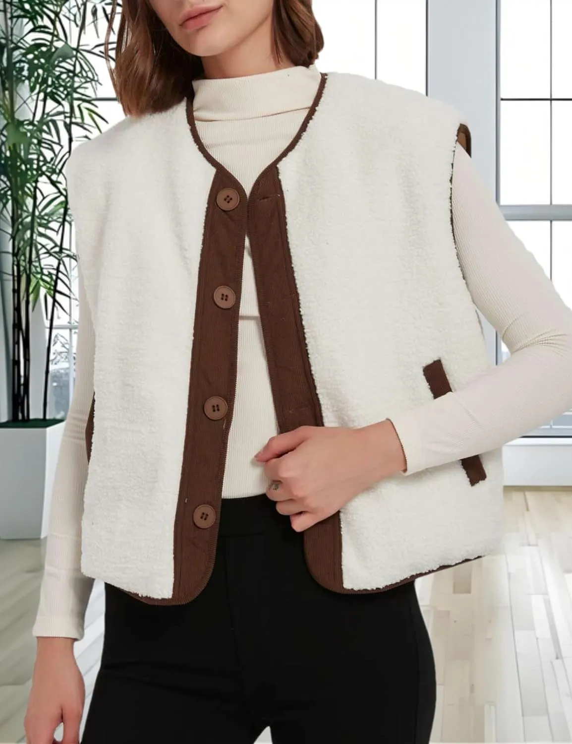 Womens Fall Reversible Vests Casual Button Down Sleeveless Sherpa Vest Fleece Padded Gilet Outerwear Jacket Coat