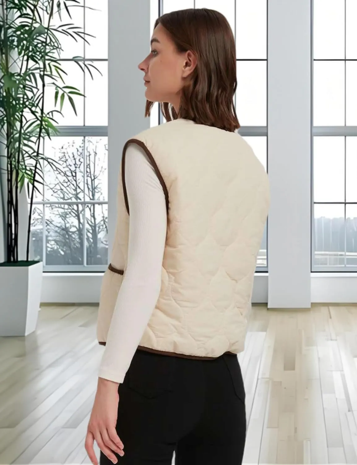 Womens Fall Reversible Vests Casual Button Down Sleeveless Sherpa Vest Fleece Padded Gilet Outerwear Jacket Coat