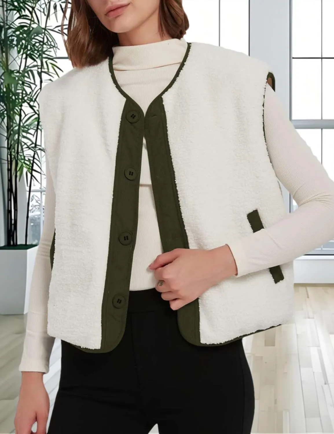 Womens Fall Reversible Vests Casual Button Down Sleeveless Sherpa Vest Fleece Padded Gilet Outerwear Jacket Coat