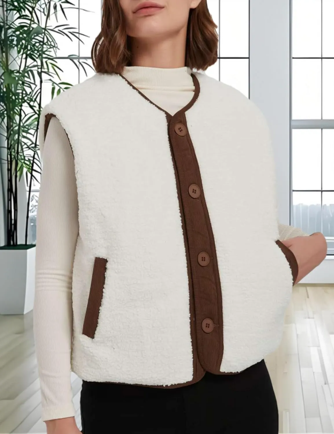 Womens Fall Reversible Vests Casual Button Down Sleeveless Sherpa Vest Fleece Padded Gilet Outerwear Jacket Coat