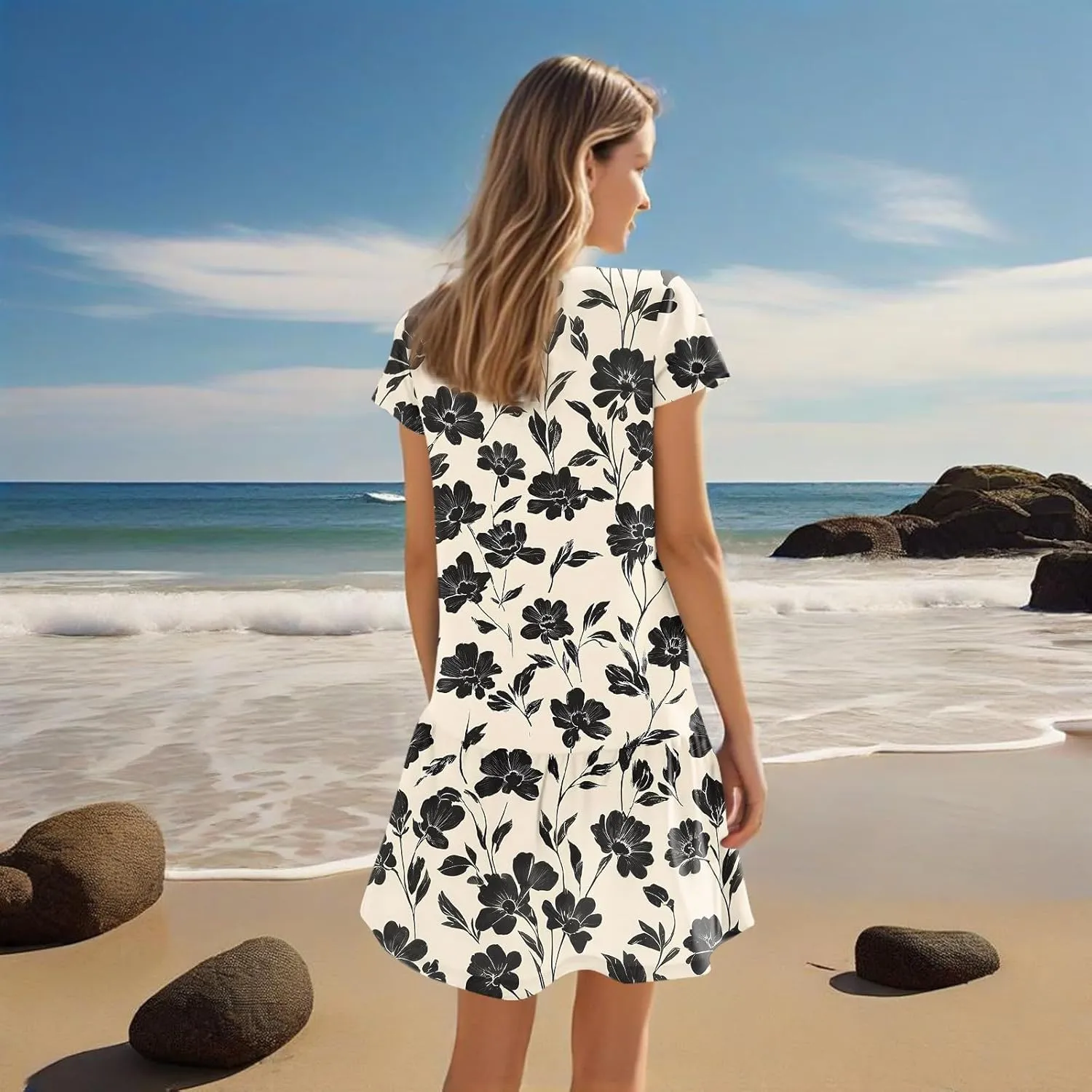 Women's Floral Print V-Neck Short Sleeve 2025 Beach Dress Flowy Relaxed Fit Boho Style Chic Sundress