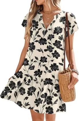 Women's Floral Print V-Neck Short Sleeve 2025 Beach Dress Flowy Relaxed Fit Boho Style Chic Sundress