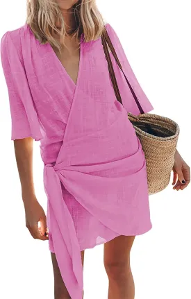 Womens Linen Mini Dress Summer Cross V-Neck Half Sleeve Dresses Casual Lightweight Wrap Tie Waist Bodycon Dresses
