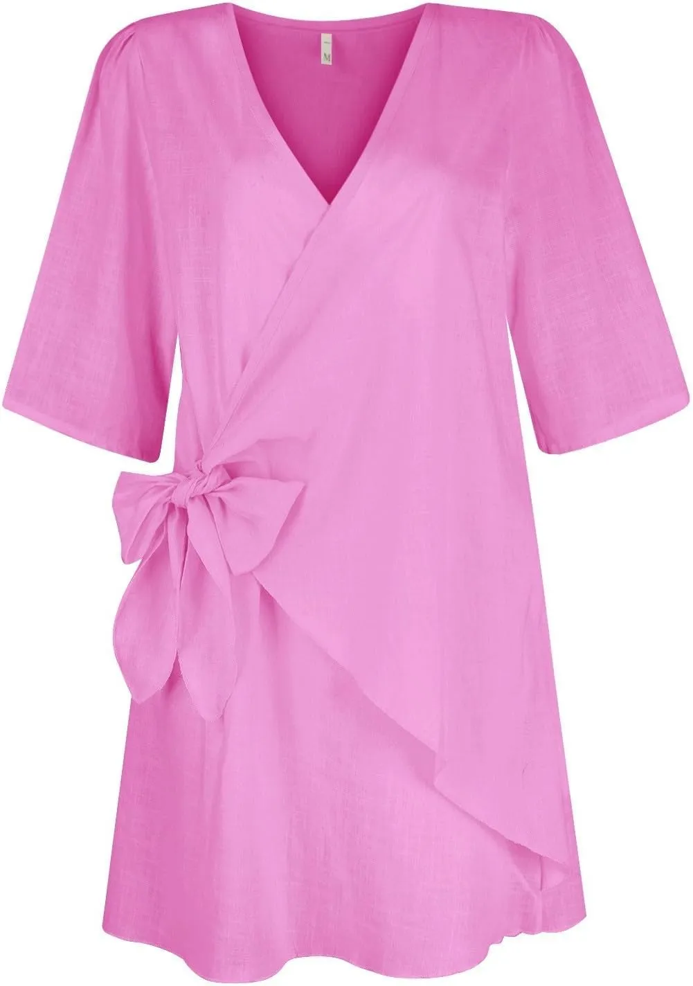 Womens Linen Mini Dress Summer Cross V-Neck Half Sleeve Dresses Casual Lightweight Wrap Tie Waist Bodycon Dresses