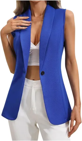 Women's Sleeveless Blazers Open Front Casual Blazer Vests Solid Deep V-Neck Single Button Lightweight Blazer Jackets