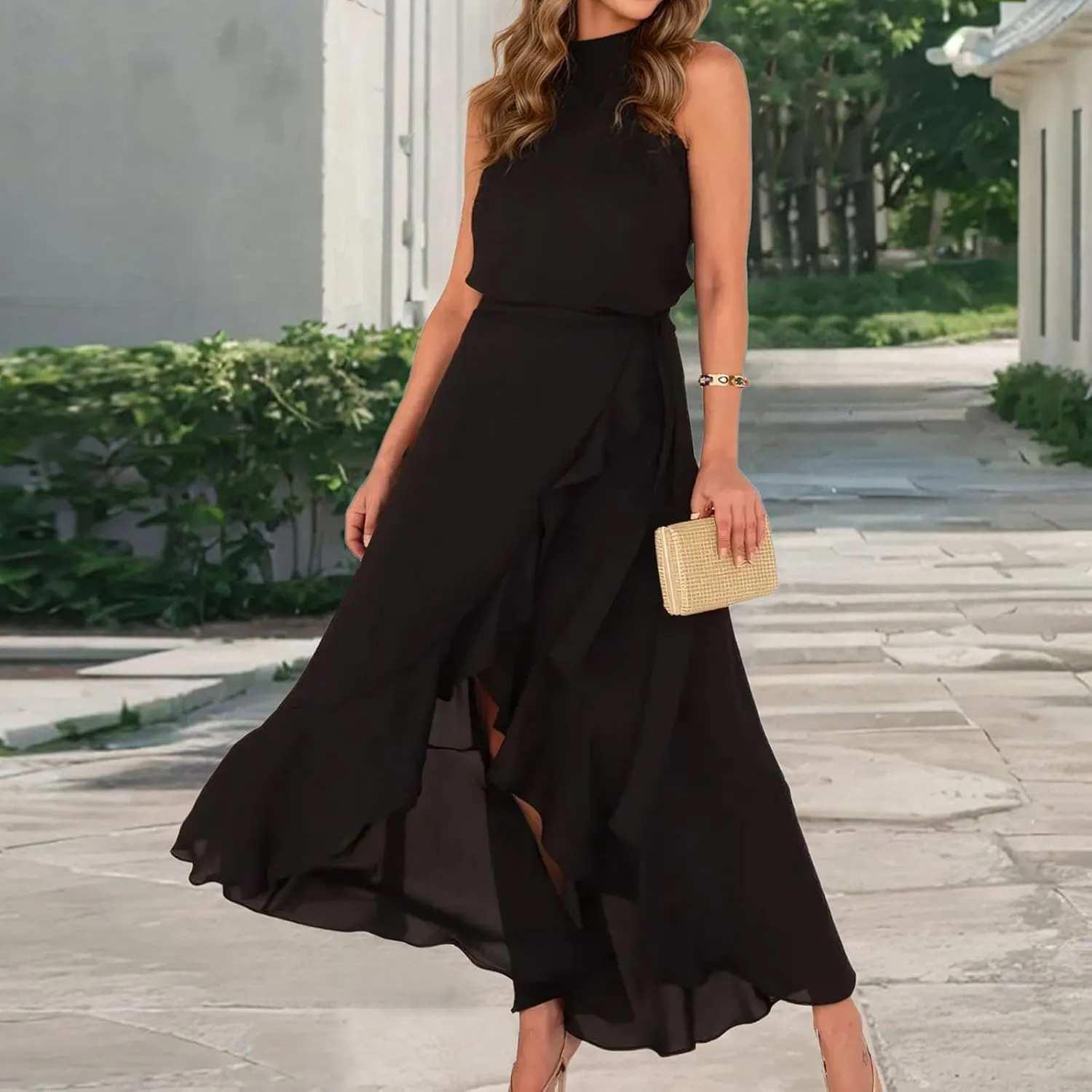 Women's Sleeveless Dress Halter Neck Tank Dresses Summer Sexy Elegant Drawstring A Line Sundress Beach Party Dress