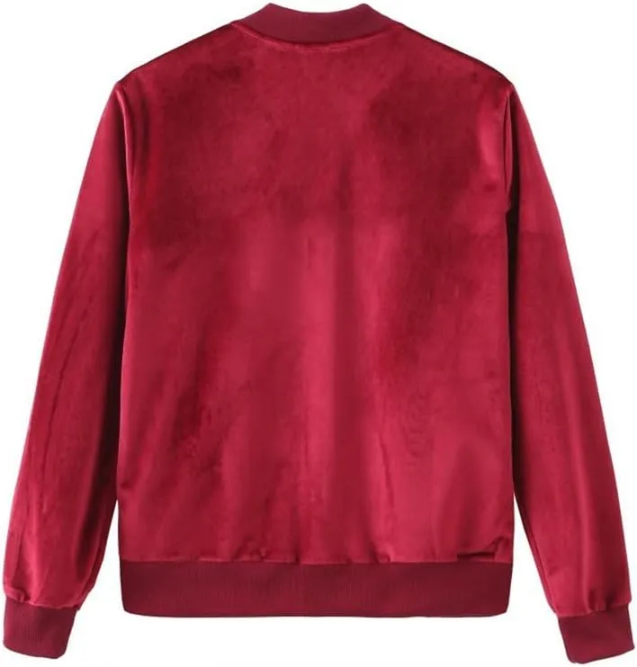 Women's Velvet Bomber Jacket Casual Coat Zip Up Outerwear Solid Windbreaker