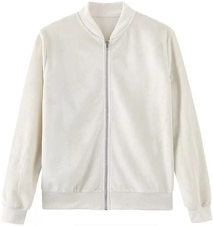 Women's Velvet Bomber Jacket Casual Coat Zip Up Outerwear Solid Windbreaker