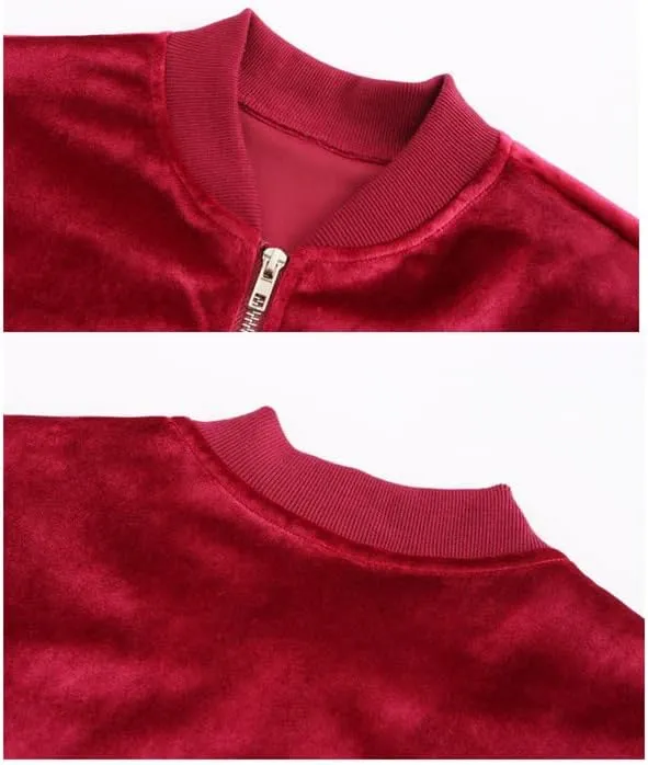 Women's Velvet Bomber Jacket Casual Coat Zip Up Outerwear Solid Windbreaker