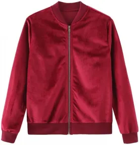 Women's Velvet Bomber Jacket Casual Coat Zip Up Outerwear Solid Windbreaker