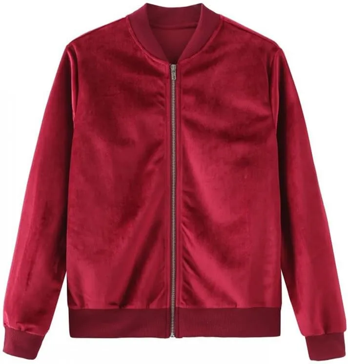 Women's Velvet Bomber Jacket Casual Coat Zip Up Outerwear Solid Windbreaker