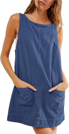 XOWRTE Womens Corduroy Overall Dress Fall Sleeveless Mini Dresses Round Neck A Line Skirtall Jumper Pinafore with Pockets