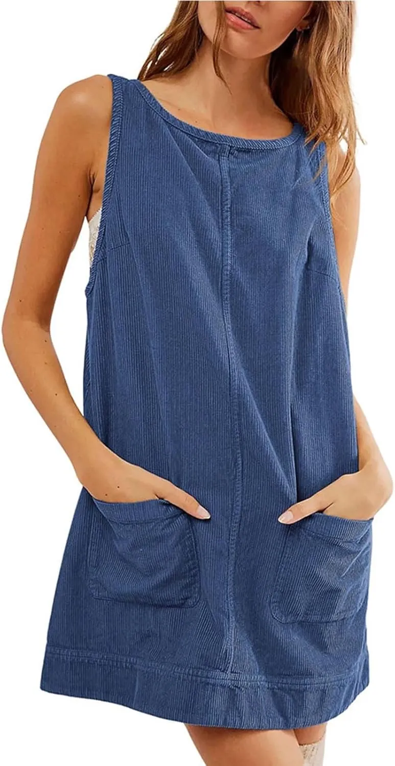 XOWRTE Womens Corduroy Overall Dress Fall Sleeveless Mini Dresses Round Neck A Line Skirtall Jumper Pinafore with Pockets