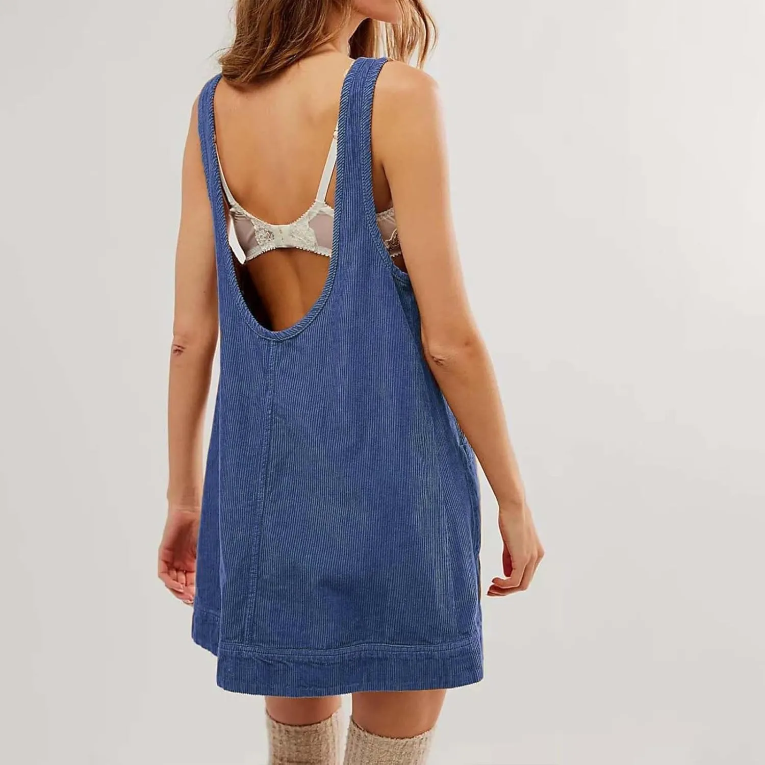 XOWRTE Womens Corduroy Overall Dress Fall Sleeveless Mini Dresses Round Neck A Line Skirtall Jumper Pinafore with Pockets