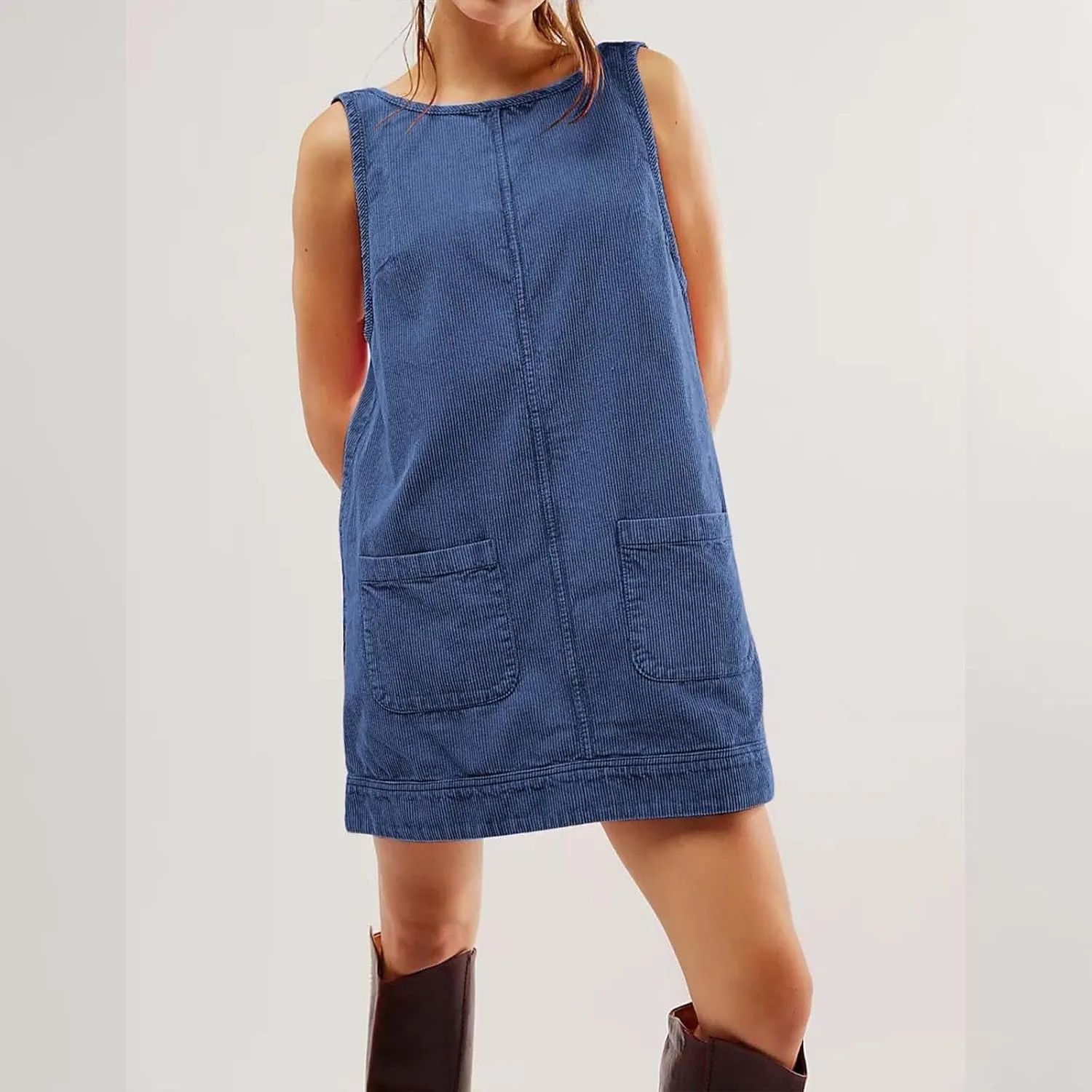 XOWRTE Womens Corduroy Overall Dress Fall Sleeveless Mini Dresses Round Neck A Line Skirtall Jumper Pinafore with Pockets